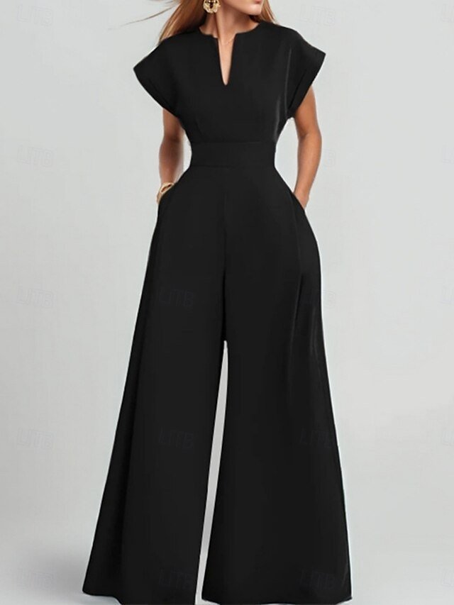 Elegant Regular Fit Solid V Neck Short Sleeve High Waist Jumpsuit - Image 2