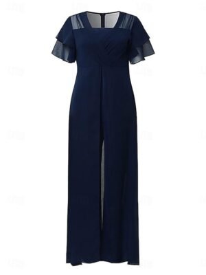 Elegant Regular Fit Solid V Neck Short Sleeve Jumpsuit with Train - Image 3