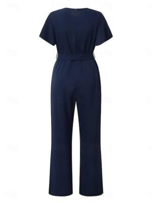 Elegant Regular Fit Solid V Neck Short Sleeve Jumpsuit - Image 3