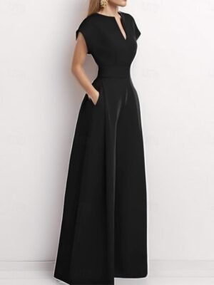Elegant Regular Fit Solid V Neck Short Sleeve High Waist Jumpsuit - Image 3