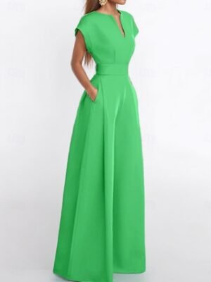 Elegant Regular Fit Solid V Neck Short Sleeve High Waist Jumpsuit - Image 5