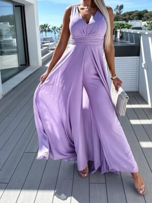 Elegant Regular Fit Solid V Neck Sleeveless Jumpsuit - Image 1