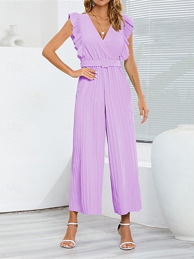 Elegant Regular Fit Solid V Neck Sleeveless High Waist Jumpsuit - Image 1