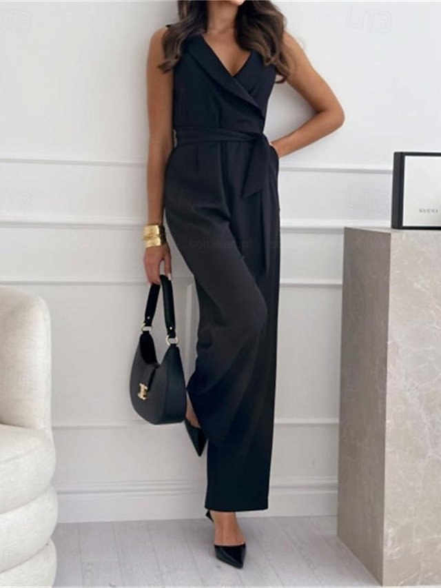 Elegant Regular Fit Solid V Neck Sleeveless Jumpsuit - Image 1
