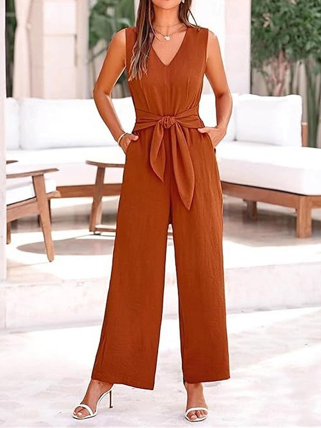 Elegant Regular Fit Solid V Neck Sleeveless Summer Jumpsuit - Image 1
