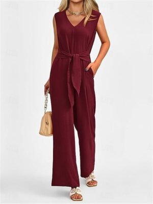 Elegant Regular Fit Solid V Neck Sleeveless Summer Jumpsuit - Image 10