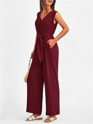 Elegant Regular Fit Solid V Neck Sleeveless Summer Jumpsuit - Image 12