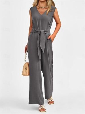 Elegant Regular Fit Solid V Neck Sleeveless Summer Jumpsuit - Image 14