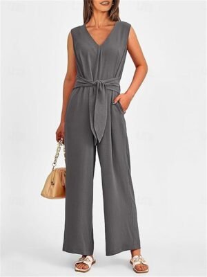 Elegant Regular Fit Solid V Neck Sleeveless Summer Jumpsuit - Image 15