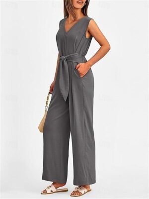 Elegant Regular Fit Solid V Neck Sleeveless Summer Jumpsuit - Image 16