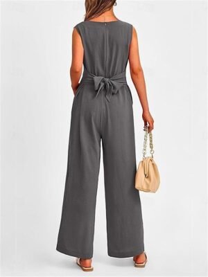 Elegant Regular Fit Solid V Neck Sleeveless Summer Jumpsuit - Image 17