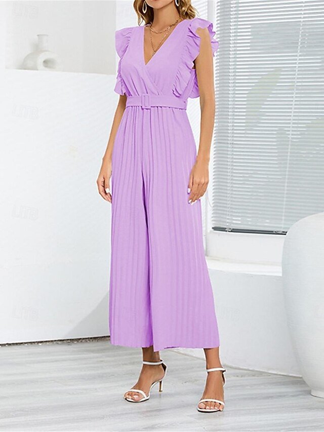 Elegant Regular Fit Solid V Neck Sleeveless High Waist Jumpsuit - Image 2