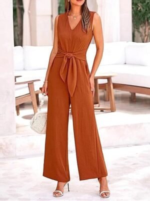 Elegant Regular Fit Solid V Neck Sleeveless Summer Jumpsuit - Image 2
