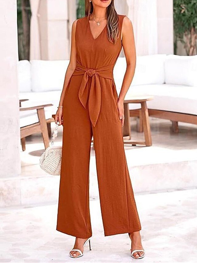 Elegant Regular Fit Solid V Neck Sleeveless Summer Jumpsuit - Image 2