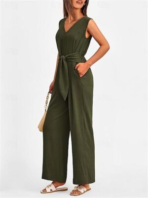 Elegant Regular Fit Solid V Neck Sleeveless Summer Jumpsuit - Image 20