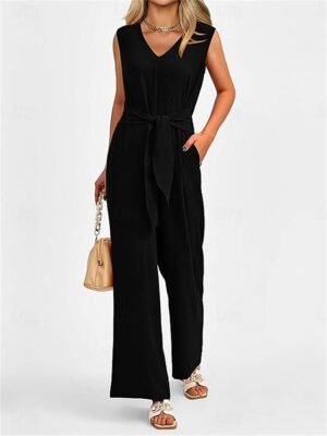 Elegant Regular Fit Solid V Neck Sleeveless Summer Jumpsuit - Image 22