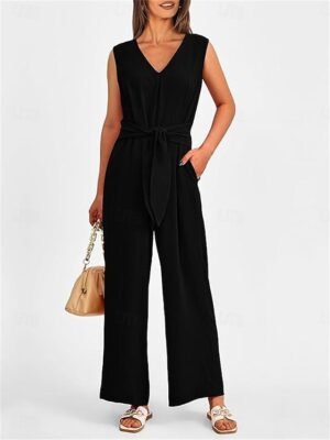 Elegant Regular Fit Solid V Neck Sleeveless Summer Jumpsuit - Image 23