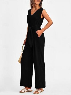 Elegant Regular Fit Solid V Neck Sleeveless Summer Jumpsuit - Image 24