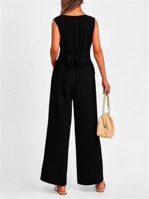 Elegant Regular Fit Solid V Neck Sleeveless Summer Jumpsuit - Image 25
