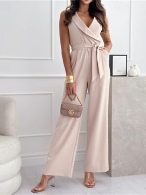 Elegant Regular Fit Solid V Neck Sleeveless Jumpsuit - Image 3