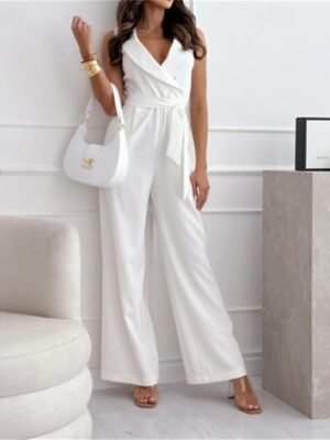Elegant Regular Fit Solid V Neck Sleeveless Jumpsuit - Image 4
