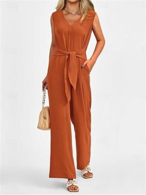 Elegant Regular Fit Solid V Neck Sleeveless Summer Jumpsuit - Image 4