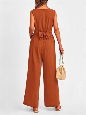 Elegant Regular Fit Solid V Neck Sleeveless Summer Jumpsuit - Image 5