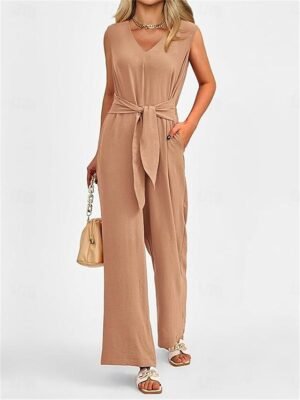 Elegant Regular Fit Solid V Neck Sleeveless Summer Jumpsuit - Image 6