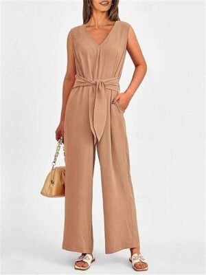 Elegant Regular Fit Solid V Neck Sleeveless Summer Jumpsuit - Image 7