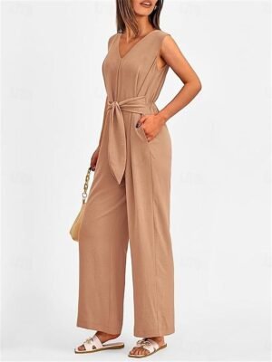 Elegant Regular Fit Solid V Neck Sleeveless Summer Jumpsuit - Image 8