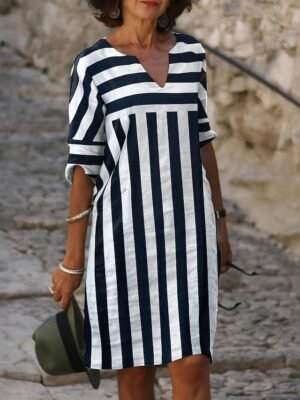 Elegant Regular Fit Stripe Gingham V Neck Half Sleeve Mini Dress - Image 1