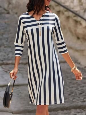 Elegant Regular Fit Stripe Gingham V Neck Half Sleeve Mini Dress - Image 3