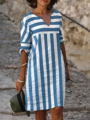 Elegant Regular Fit Stripe Gingham V Neck Half Sleeve Mini Dress - Image 4