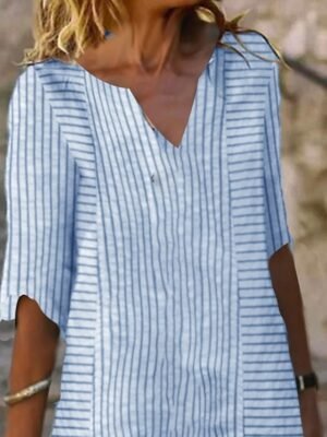 Elegant Regular Fit Stripe Gingham V Neck Half Sleeve Mini Dress - Image 5