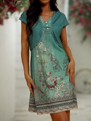 Elegant Regular Fit Vintage Floral V Neck Short Sleeve Knee Length Dress Set - Image 1
