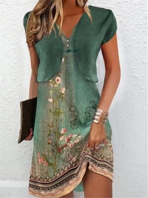 Elegant Regular Fit Vintage Floral V Neck Short Sleeve Knee Length Dress Set - Image 2