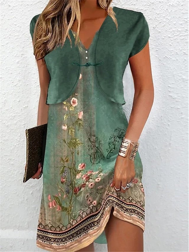 Elegant Regular Fit Vintage Floral V Neck Short Sleeve Knee Length Dress Set - Image 2