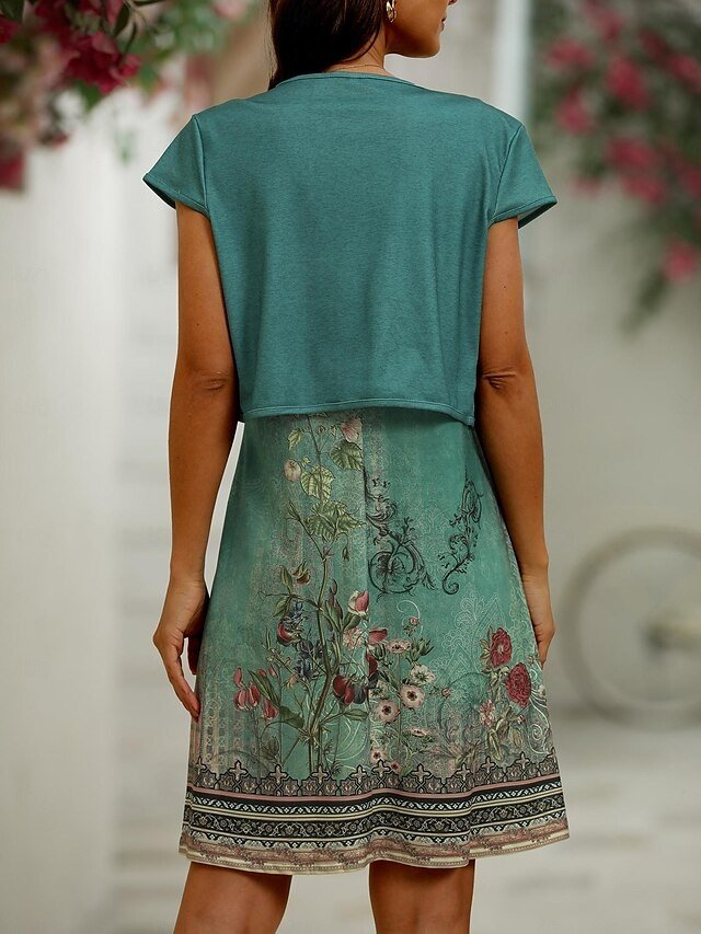 Elegant Regular Fit Vintage Floral V Neck Short Sleeve Knee Length Dress Set - Image 4