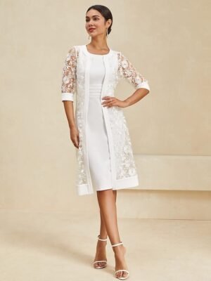 Elegant Regular Fit White Crew Neck Half Sleeve Knee Length Dress - Image 1