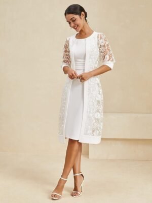 Elegant Regular Fit White Crew Neck Half Sleeve Knee Length Dress - Image 3