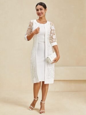 Elegant Regular Fit White Crew Neck Half Sleeve Knee Length Dress - Image 4