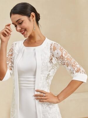 Elegant Regular Fit White Crew Neck Half Sleeve Knee Length Dress - Image 5