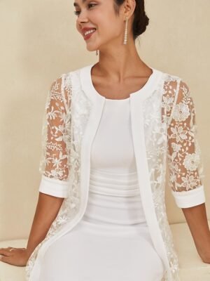 Elegant Regular Fit White Crew Neck Half Sleeve Knee Length Dress - Image 7