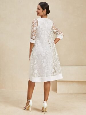 Elegant Regular Fit White Crew Neck Half Sleeve Knee Length Dress - Image 8