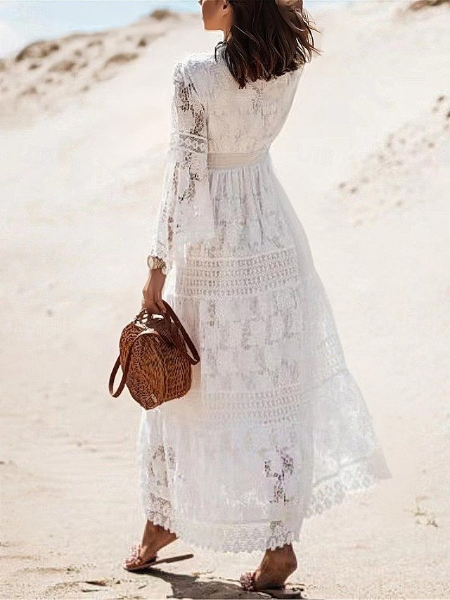 Elegant Regular Fit White Lace V Neck Long Sleeve Maxi Dress - Image 2