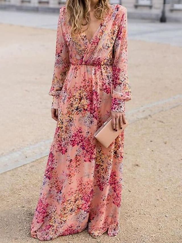 Elegant Regular Floral Deep V Long Sleeve Maxi Dress - Image 1