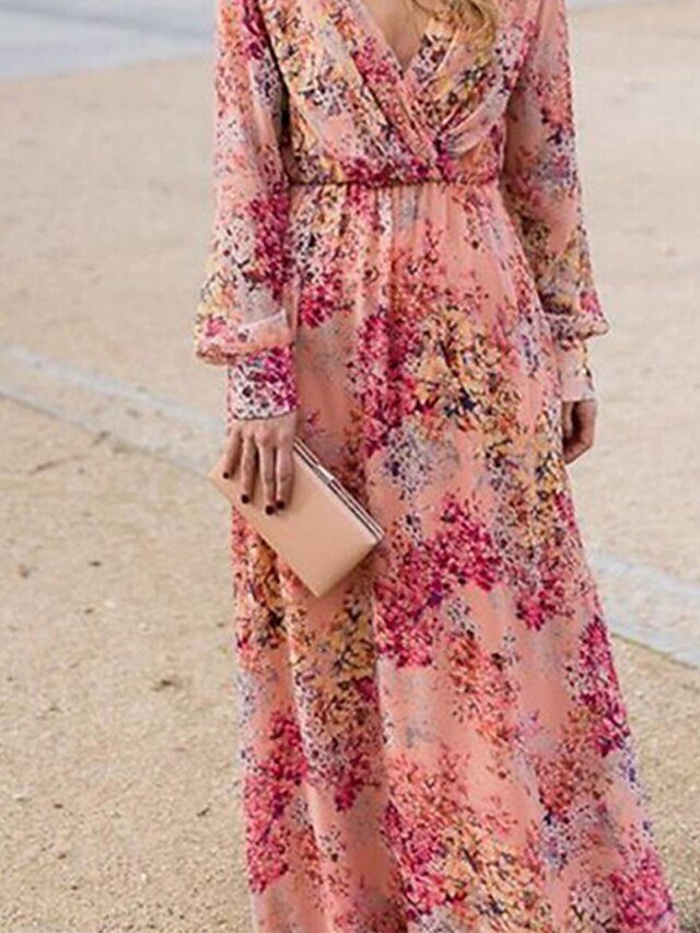 Elegant Regular Floral Deep V Long Sleeve Maxi Dress - Image 3