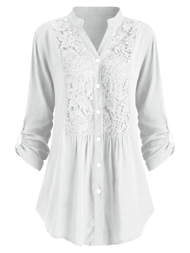 Elegant Regular Floral Lace Shirt Collar Long Sleeve Tunic - Image 1