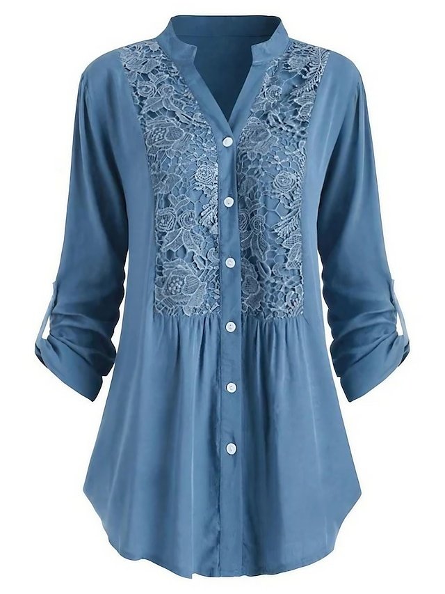 Elegant Regular Floral Lace Shirt Collar Long Sleeve Tunic - Image 2