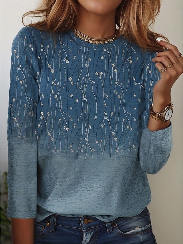 Elegant Regular Floral Round Neck Long Sleeve Tops - Image 1